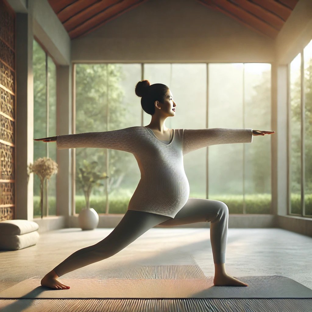 A pregnant woman in her second trimester practicing Warrior Pose during Dr. Shital's Garbh Sanskar Pregnancy Yoga Class in Pune, designed to enhance strength, flexibility, and prepare for childbirth.